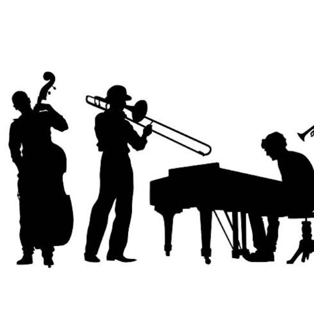 Jazz musicians with instruments . Isolated silhouettes on a white background