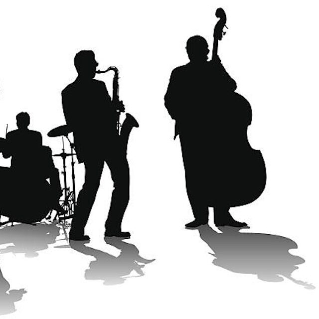 Vector drawing concert of jazz music. Silhouettes on a white background